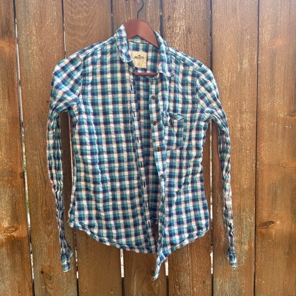 HOLLISTER Girls Blue White Check Plaid Button Down Shirt Size Medium